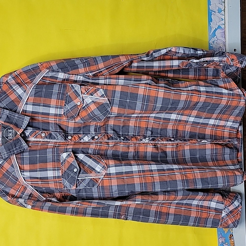 BKE BUCKLE Mens Orange GrayPlaid Metal Snap Athletic Fit Shirt Large Long Sleeve